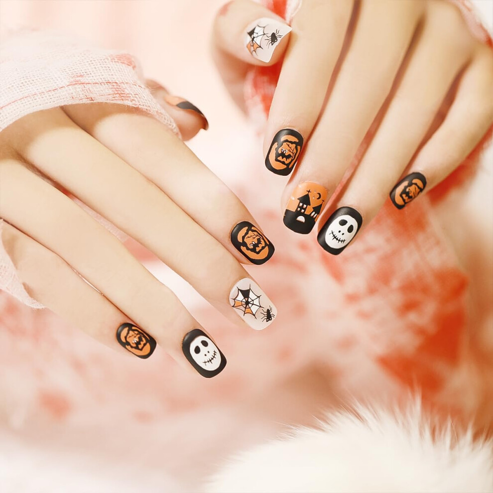Black 24 Pcs Halloween Press On Nails With Ghost And Spider Web Design, Short Square Acrylic False Nails