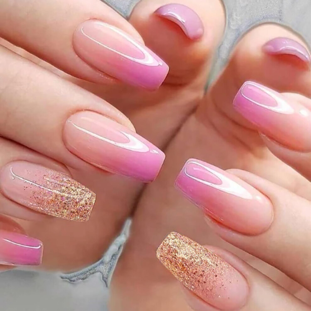 Pink,Cream Pink Nude Gradient Press On Coffin Fake Nails 24Pcs Full Cover Acrylic Artificial Nails For Women