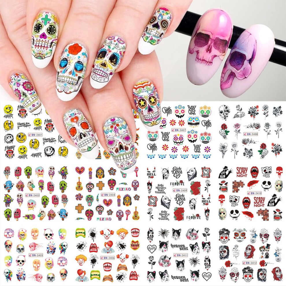 Halloween Nail Stickers 12PCS Day of the Dead Skull 3D Nail Art Decals for Women Manicure