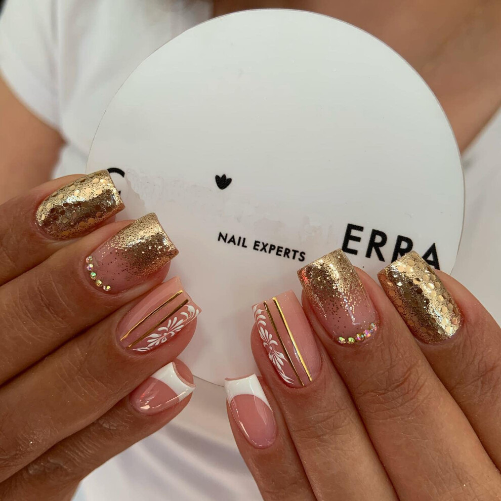 Medium Square Press on Nails with Rhinestones French Tip Fake Nails Reusable Glue on Nails for Women