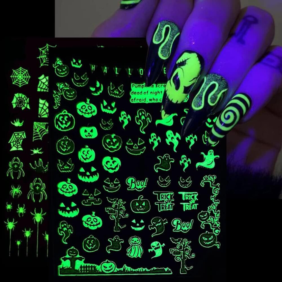 Dark 6 Sheets Halloween Glow In The Nail Art Stickers 3D Self Adhesive Luminous Decals For Women Kids