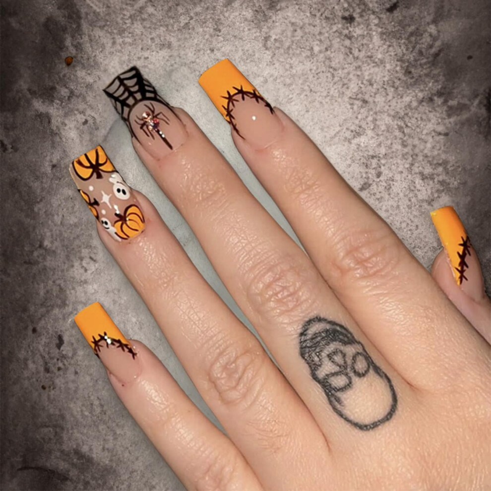Halloween Press On Nails Long Square Fake Nails with Pumpkin Ghost Spider Web Diamond Designs