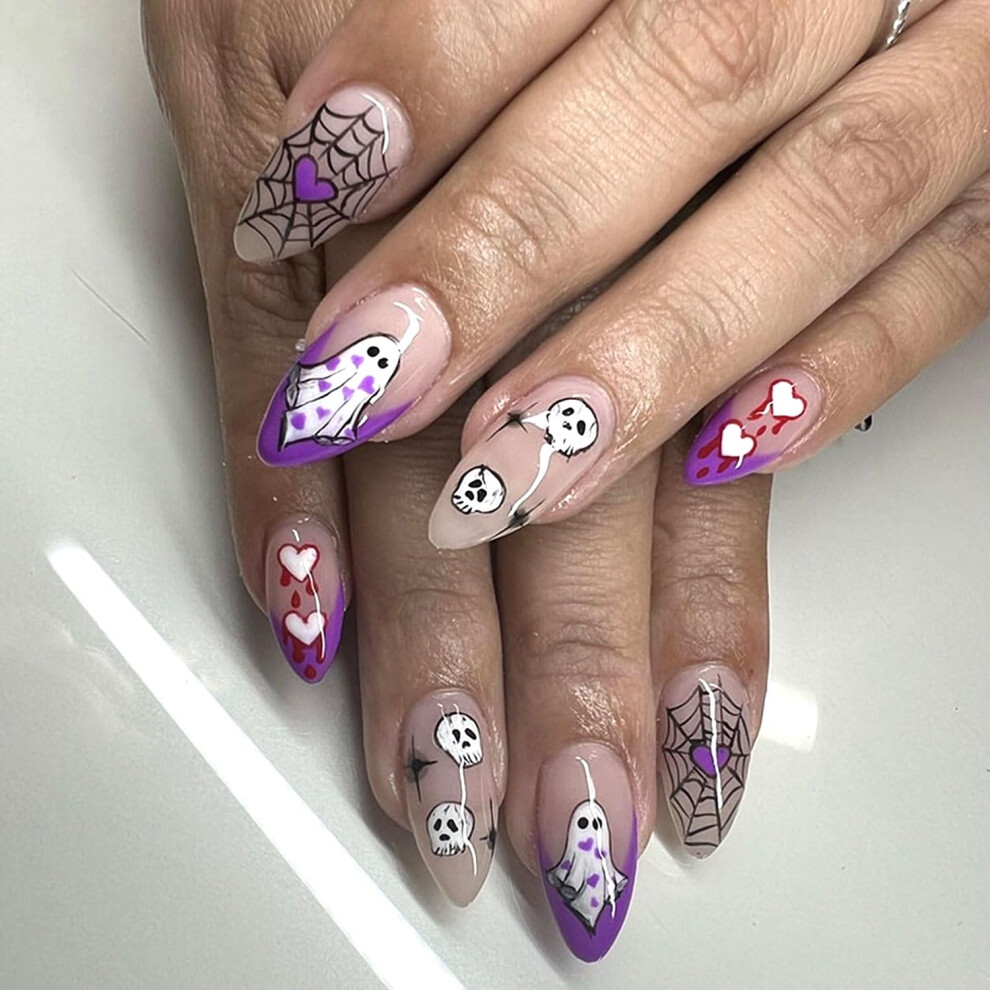 Purple Halloween Almond Press On Nails Ghost Spider Web Skull Acrylic False Nails 24Pcs Easy Stickon
