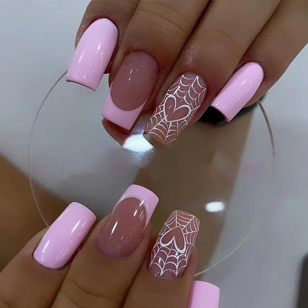 Halloween Press on Nails Medium Square French Tip Fake Nails with Cobweb Design, 24Pcs Reusable