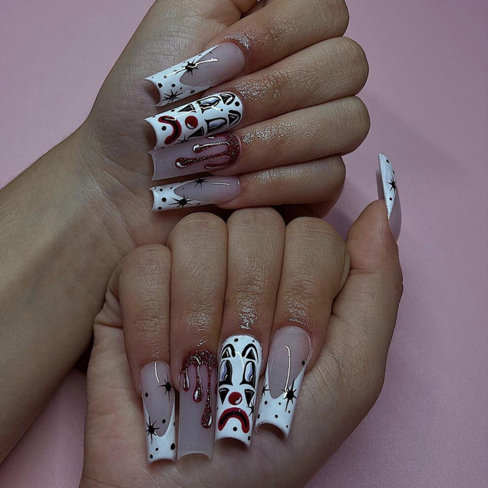 White Long French Tip Press On Nails With Halloween Clown Design, Reusable Acrylic False Nails