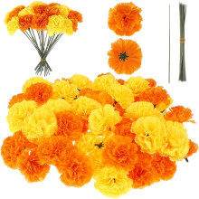 50 flores artificiais de calêndula, flores de tecido de seda sintética para decoração de Halloween, Diwali, festa mexicana, com haste para flores