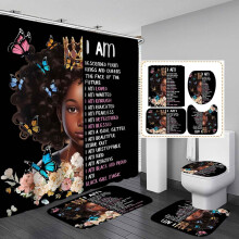 Zestaw 4 zasłon prysznicowych dla Afroamerykanów, dekoracja z motylem słonecznika i czarnoskórą kobietą, wodoodporna zasłona i mata