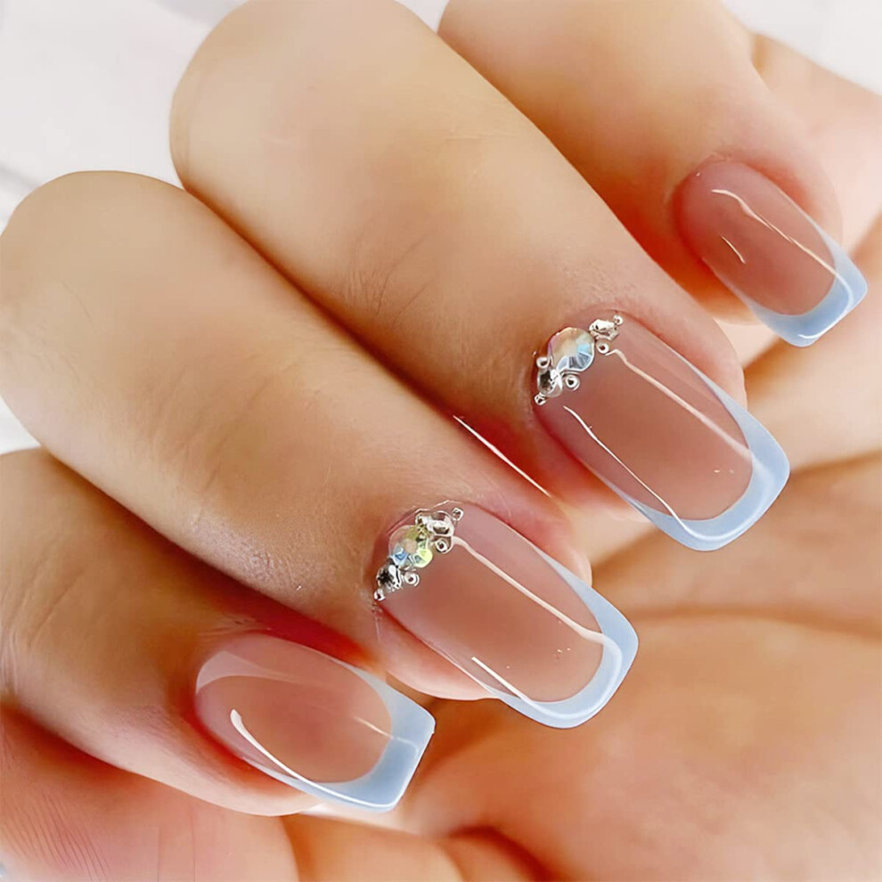 Blue French Tip Press On Nails with Rhinestones Nude Square False Nails Reusable Acrylic Set 24PCS