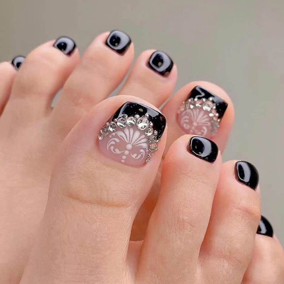 Black Press On Toenails Acrylic French Rhinestone Fake Toenails For Women 24Pcs Longlasting Wear