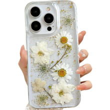 Συμβατό με το iPhone15Pro Max, διάφανη θήκη, σχέδιο με αληθινά λουλούδια, χαριτωμένο
