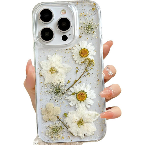 Συμβατό με το iPhone15Pro Max, διάφανη θήκη, σχέδιο με αληθινά λουλούδια, χαριτωμένο