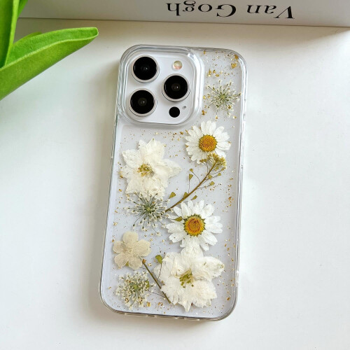 Συμβατό με το iPhone15Pro Max, διάφανη θήκη, σχέδιο με αληθινά λουλούδια, χαριτωμένο 2