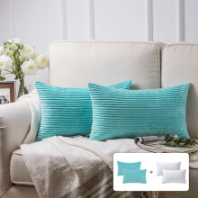 Fluffy Corduroy Velvet Solid Color Suqare Cusion Accent Decorative Throw Pillow for Couch, 12" x 20", Aqua, 2 Pack