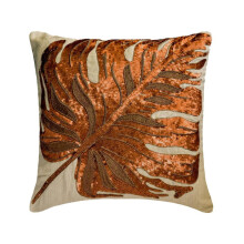 Capa de almofada decorativa com estampa de folha de bordo de outono, 40x40 cm, em linho, cobre e laranja, bordada à mão com miçangas, ideal para