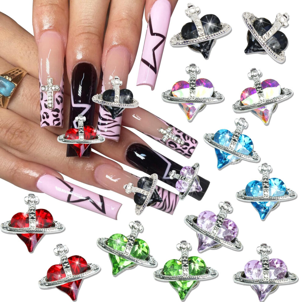 3D Heart Nail Charms Planet Design with Rhinestones, 6 Colors Alloy Crystal Nail Art Decorations