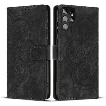 Capa de celular retrô em couro fosco com mandala em relevo - lingling} Preta Compatível com Samsung Galaxy S22 Ultra 5G