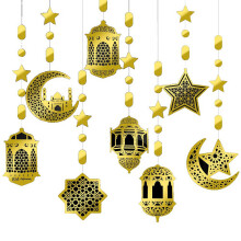 Conjunto de 24 lanternas islâmicas em forma de estrela e lua para decoração do Ramadã, guirlanda para o Eid, faixa decorativa "Ramadan Mubarak",