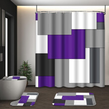 Kleurrijke 4-delige douchegordijnset met toiletbrilhoes en matje, modern regenboogstrependesign, inclusief 12 haken