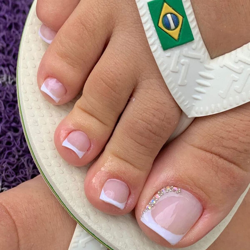 Press On Toenails French Tip Diamond Pink Full Cover Glossy Acrylic Glue On Instant Pedicure