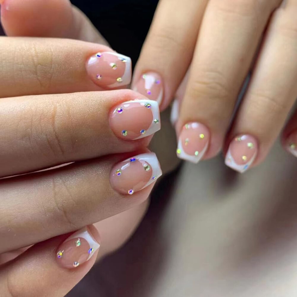 24pcs Short Square Press On Nails White French Tip with Rhinestones Reusable Acrylic False Nails