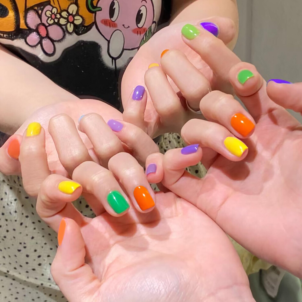 24Pcs Rainbow Press On Nails Short Square Fake Nails with Vibrant Fondant Finish, Coffin Shape, Easy Glue Application, Multiple Size Options