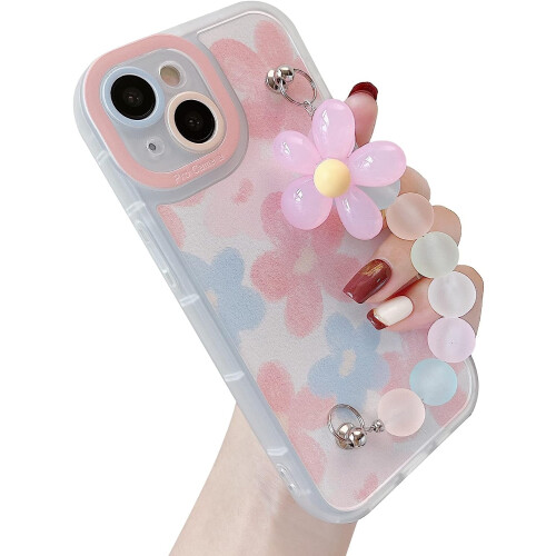 Pulseira de corrente floral delicada e transparente, compatível com capas de iPhone, para mulheres e meninas (rosa, compatível com iPhone 14 Pro