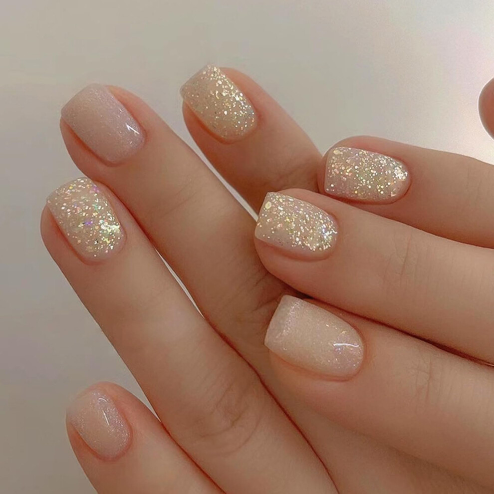 Pink,Cream 24Pcs Nude Pink Glitter Press On Nails Short Square Fake Nails Reusable Easy Salon Look