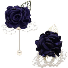 Rozenpolscorsage en boutonnière set (2 stuks), parelmoeren polsbloem blauw en boutonnière voor de bruidegom, bruidshandbloem voor gala, feest,
