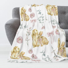 Luxusní plyšová velikonoční deka s králíčkem, poupětem, motýlkem a eukalyptovými listy, 102 x 76 cm měkký hřejivý přehoz na gauč,