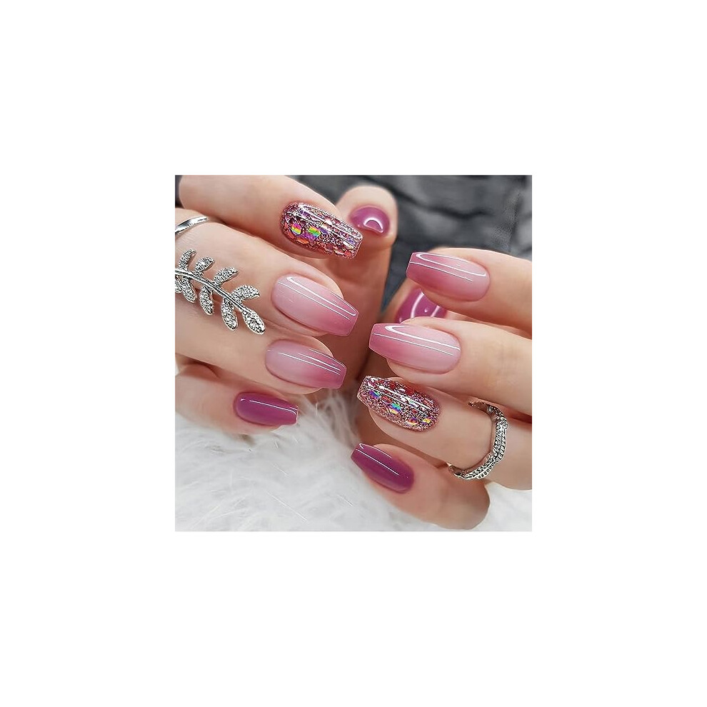 Pink,Purple Medium Coffin Press On Nails Purple Pink Gradient Glossy Glitter Reusable Salon Look Set 24Pcs
