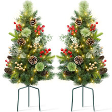 Ayieyill2Pcs29in Outdoor Pathway Christmas Trees, Holiday Decor for Driveway, Yard, Garden w/LED Lights, Berrys, Pine Concessions, Ornaments