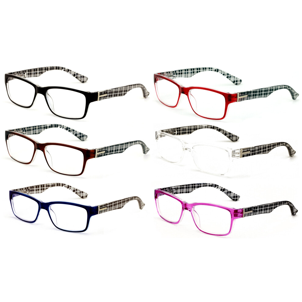 6 Pairs Comfortable Modern Rectangular Lightweight Reading Glasses - Clear Lens Reader Plaid Stripe Men Women 7017 +2.50