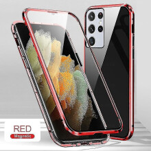 Magnetisk etui kompatibel med Samsung S24Ultra/Plus/S24, dobbeltsidet hærdet glas, metalbumper, trådløs opladning, rød