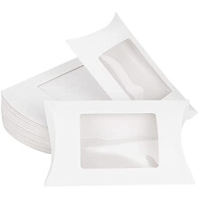30 weiße Kraftpapier-Kissenboxen mit Sichtfenster, ideal als Gastgeschenkbox für Süßigkeiten bei Hochzeiten
