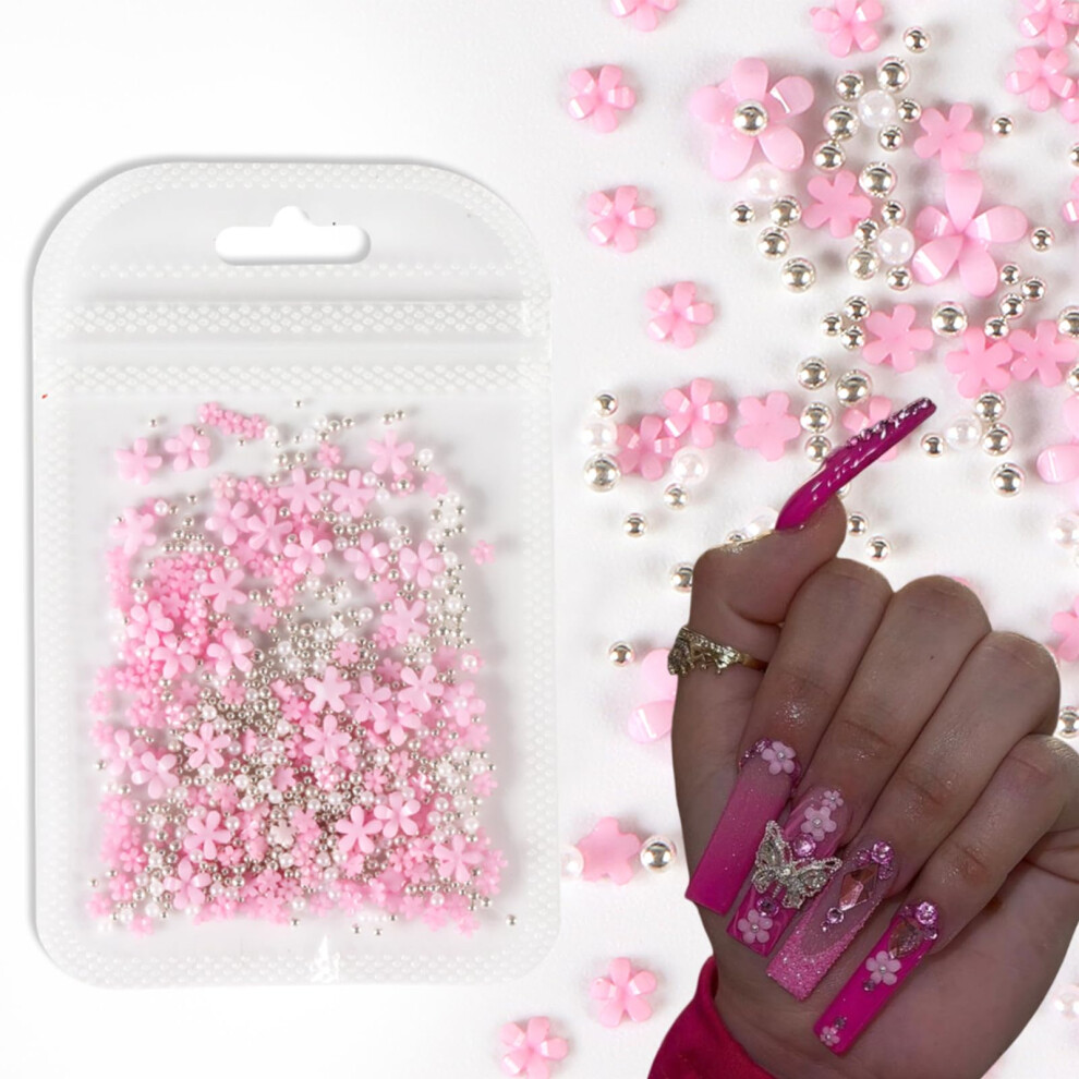 3D Acrylic Flower Nail Charms with Pearl and Beads, Mixed Sizes for DIY Manicure and Nail Art