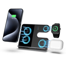 Autotelefoonhouder met oplader, 15W LED snelle draadloze oplader, 3-in-1 opvouwbaar laadstation voor telefoon, horloge en headset.