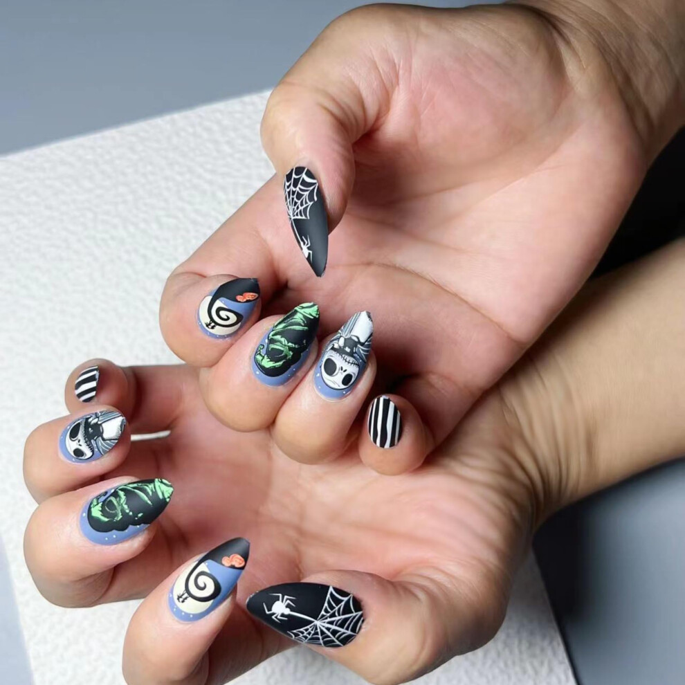 Short Almond Press On Nails Matte Black Ghost Spider Halloween Fake Nails Acrylic Nail Tips Kit