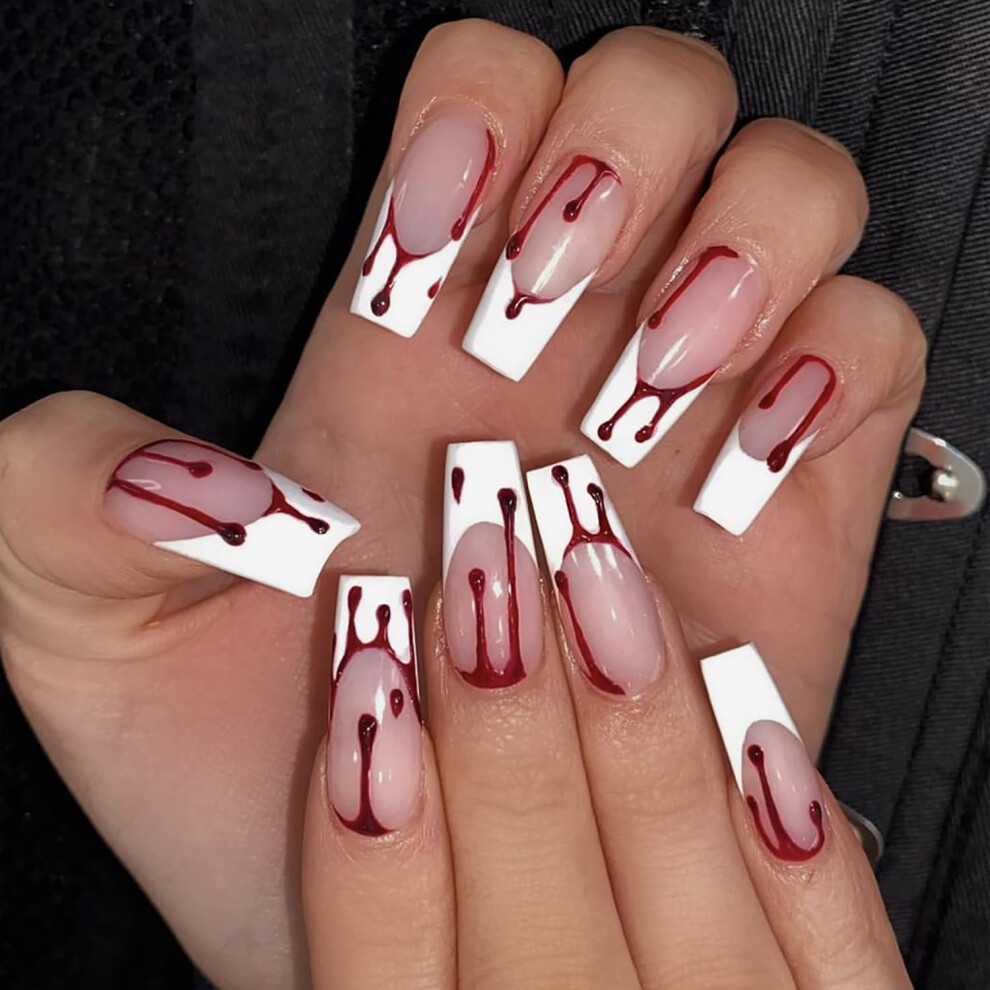 Halloween Press On Nails Long Square Fake Nails with White Nude and Blood Design 24pcs