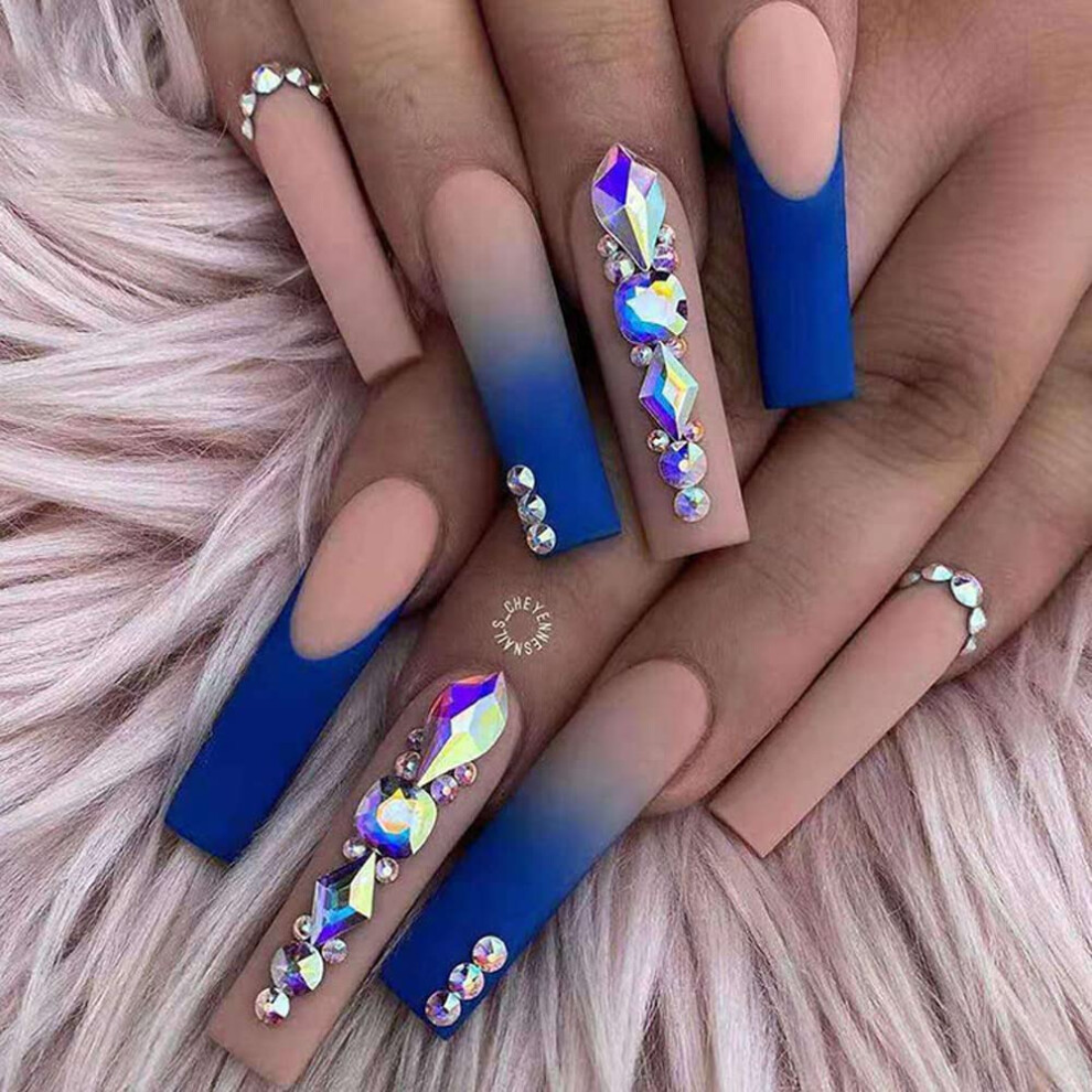 Gold Coffin Press On Nails With Glue, 24Pcs French Tip False Nails Set, Foil Acrylic Design