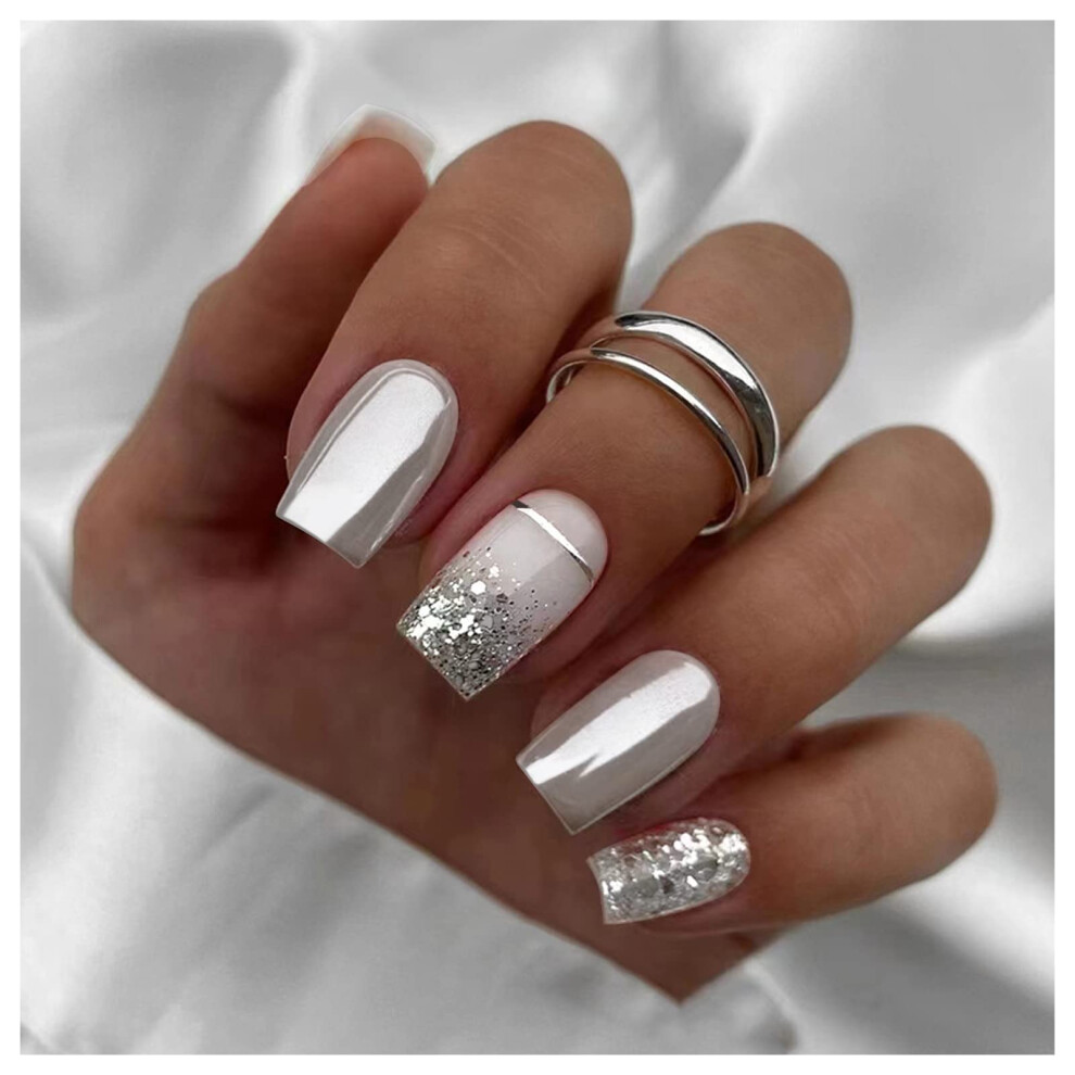 Silver Glossy Short Press On Nails With Glue, Glitter Fake Nails Set, Reusable Acrylic Nails