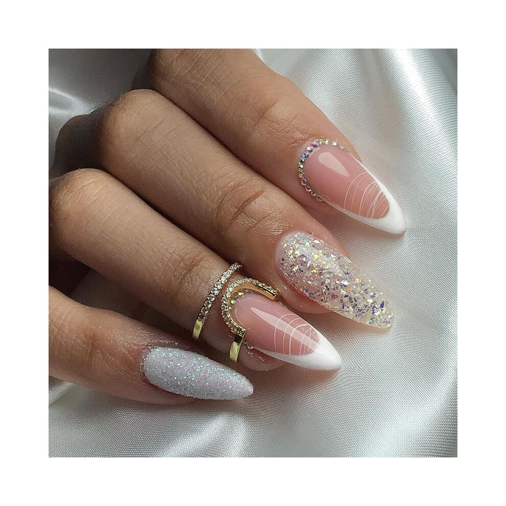 White Shiny Ballerina Long Press On Nails Acrylic False Nails With Jelly Glue Reusable 24 Pcs Set