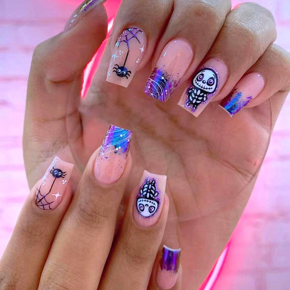 Blue,Purple Halloween Press On Nails Coffin Fake Nails Blue Purple Gradient Skull Spider Web Glossy Full Cover 24Pcs Set