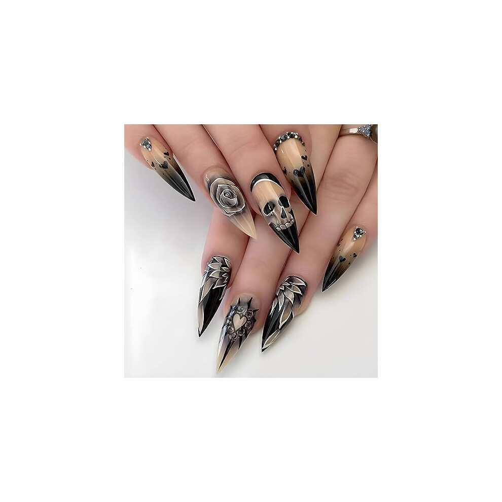 Long Stiletto Press On Nails Set Black Rose with 3D Rhinestones 24pcs Acrylic Nails and Glue
