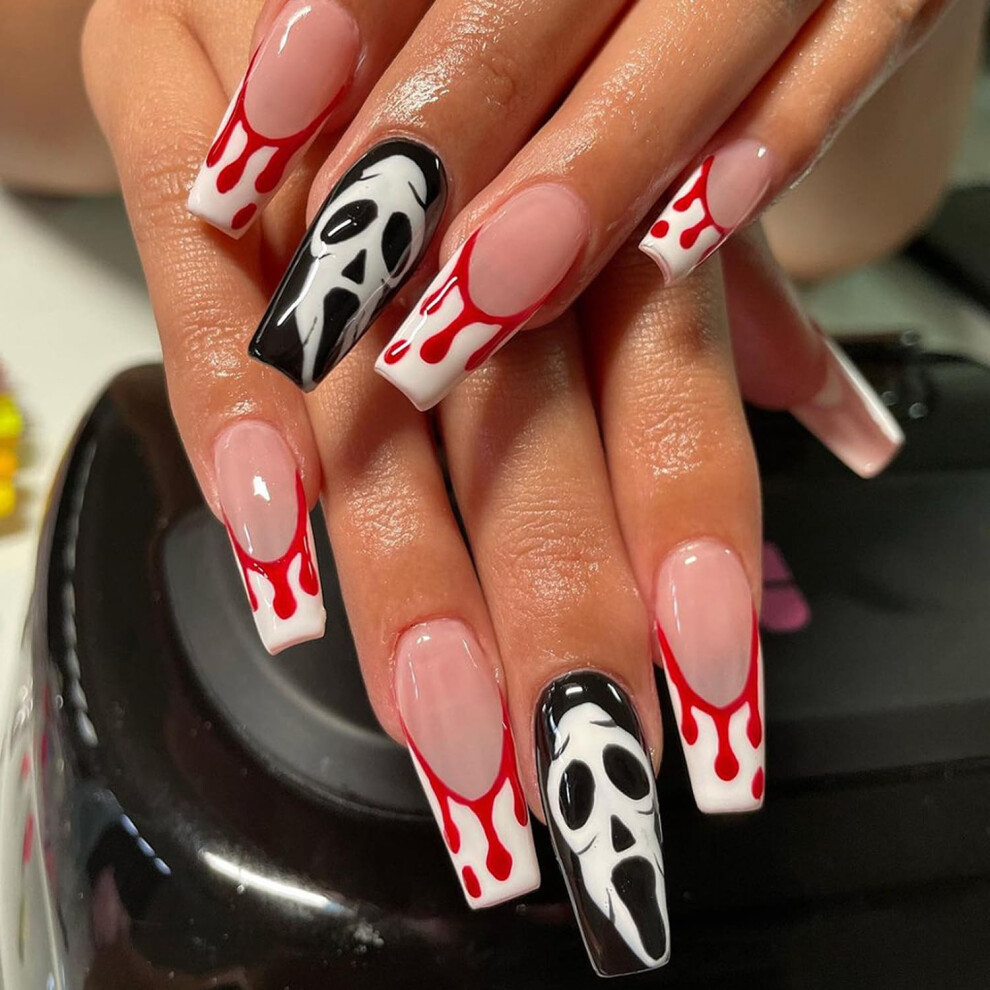 Halloween Press On Nails 24pcs Medium Square Fake Nails for Women with Spooky Halloween Designs
