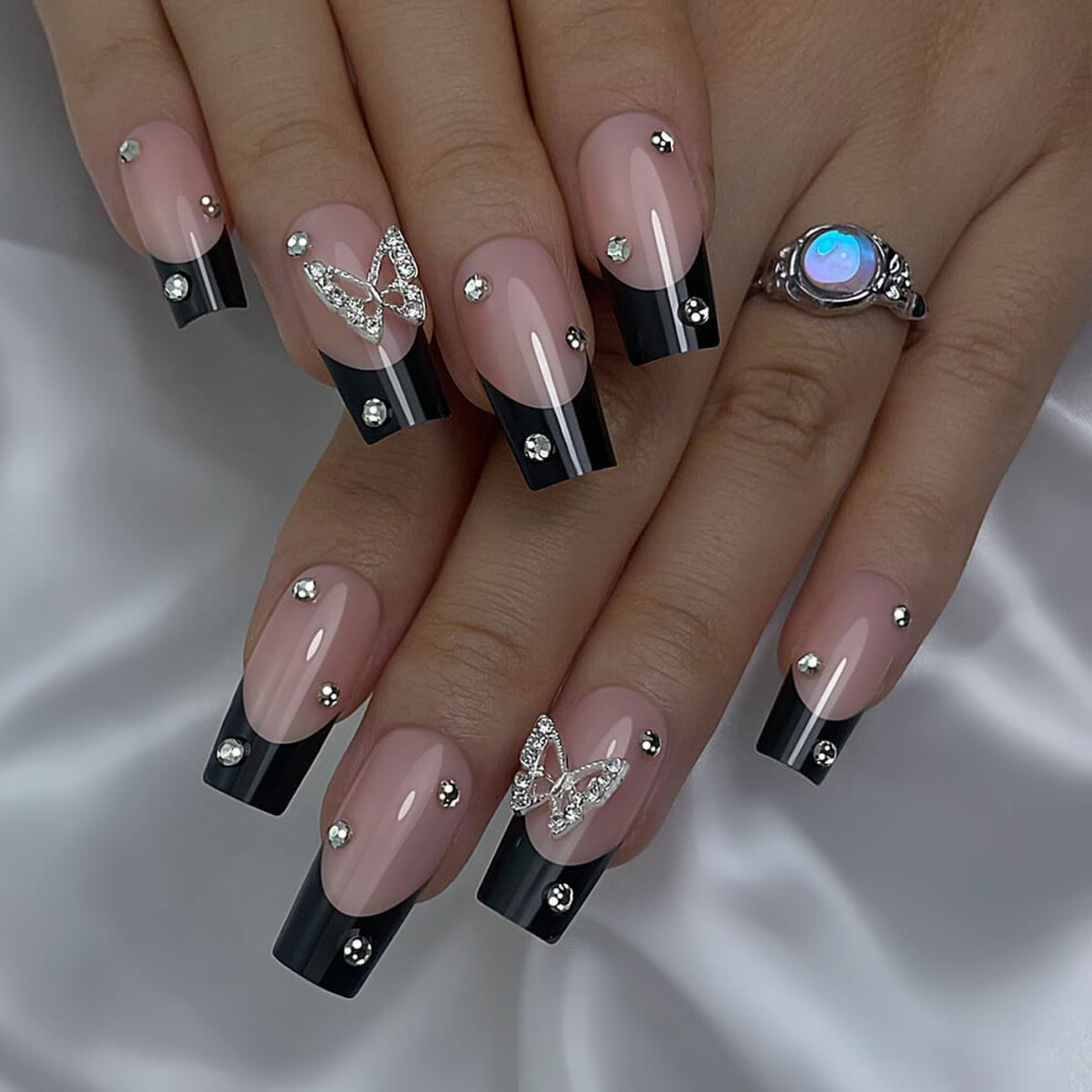 Black Coffin French Tip Press On Nails With Butterfly Rhinestones, Medium Acrylic False Nail Set