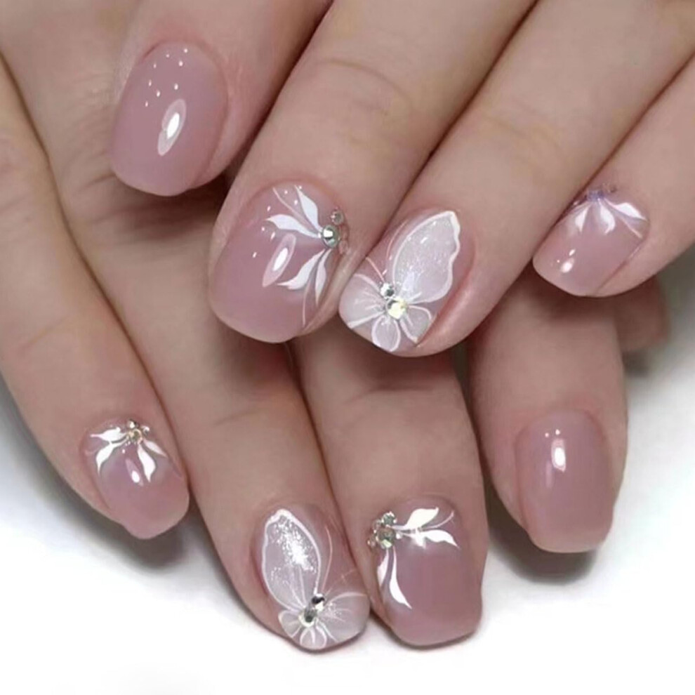 White 24Pcs Short Press On Nails Butterfly Design With Diamonds Acrylic Fake Nail Kit For Women