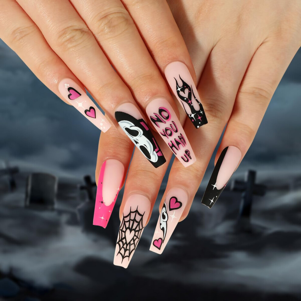 Halloween Coffin Press On Nails XXL False Nail Set with Spooky Ghost and Spider Art