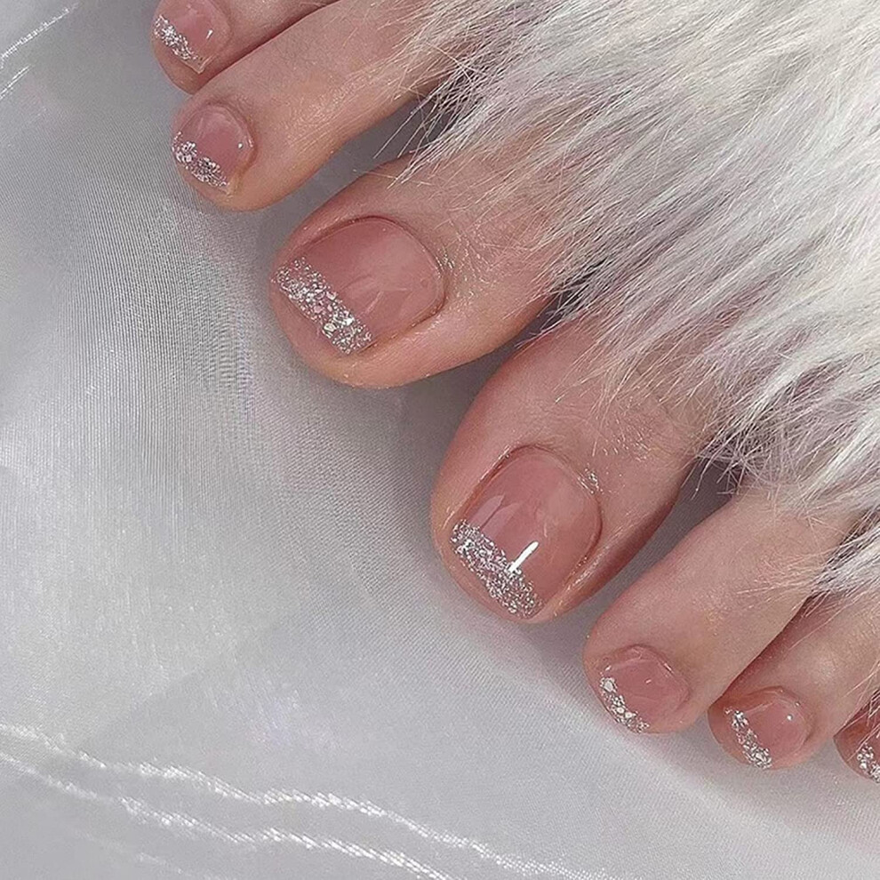 Press On Toenails Pink Glitter Square Acrylic Fake Toe Nails Set with Glue 24pcs for Women