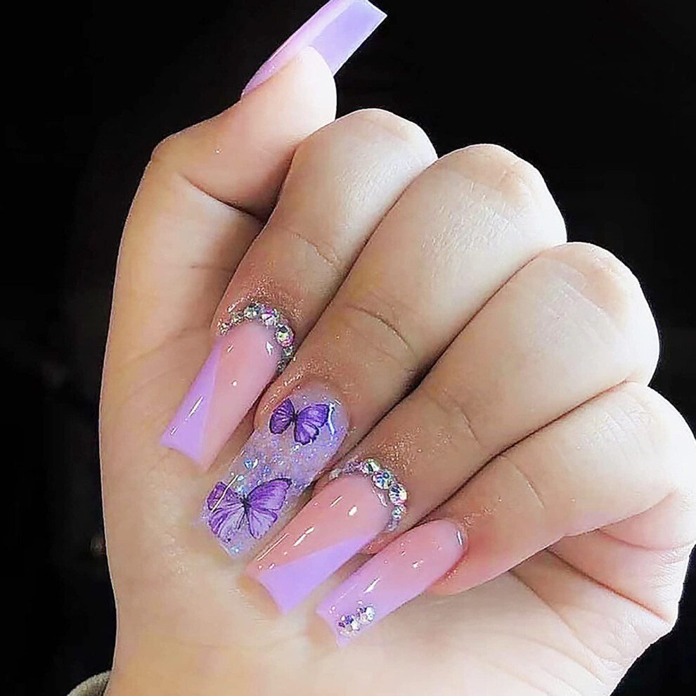 Press on Nails Medium Coffin French Tip with Butterfly Rhinestone Design Glossy Acrylic Full Cover 24Pcs