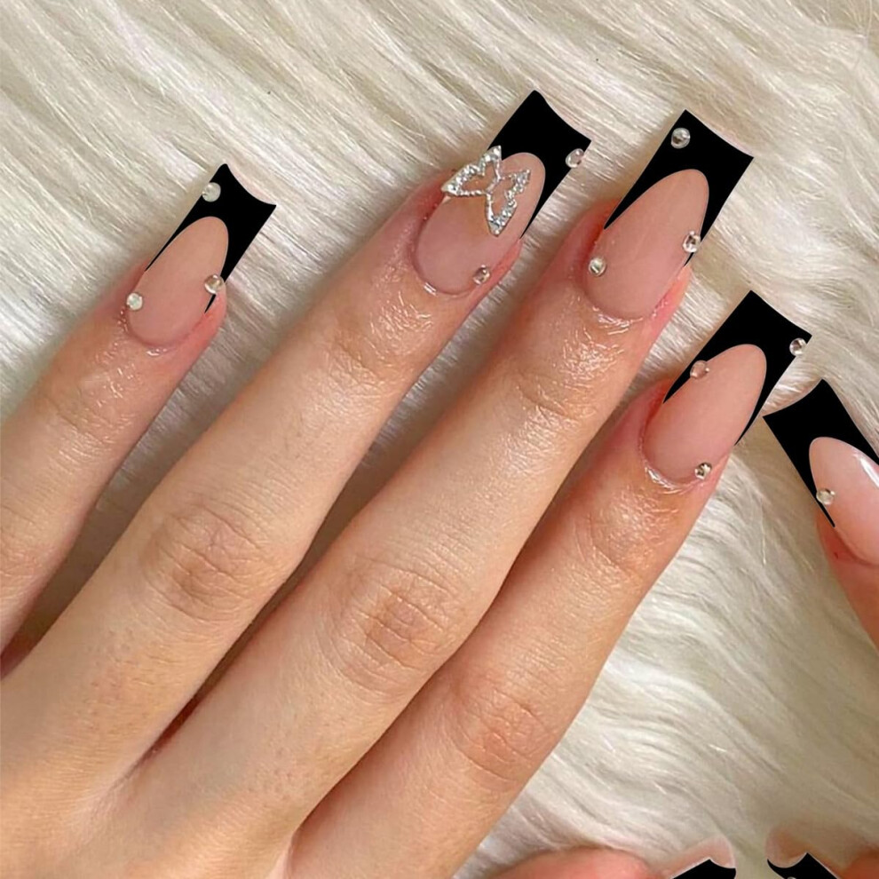 Black French Tip Press On Nails with 3D Butterfly Accents, Glossy Pink Fake Nails, 24 Piece Set